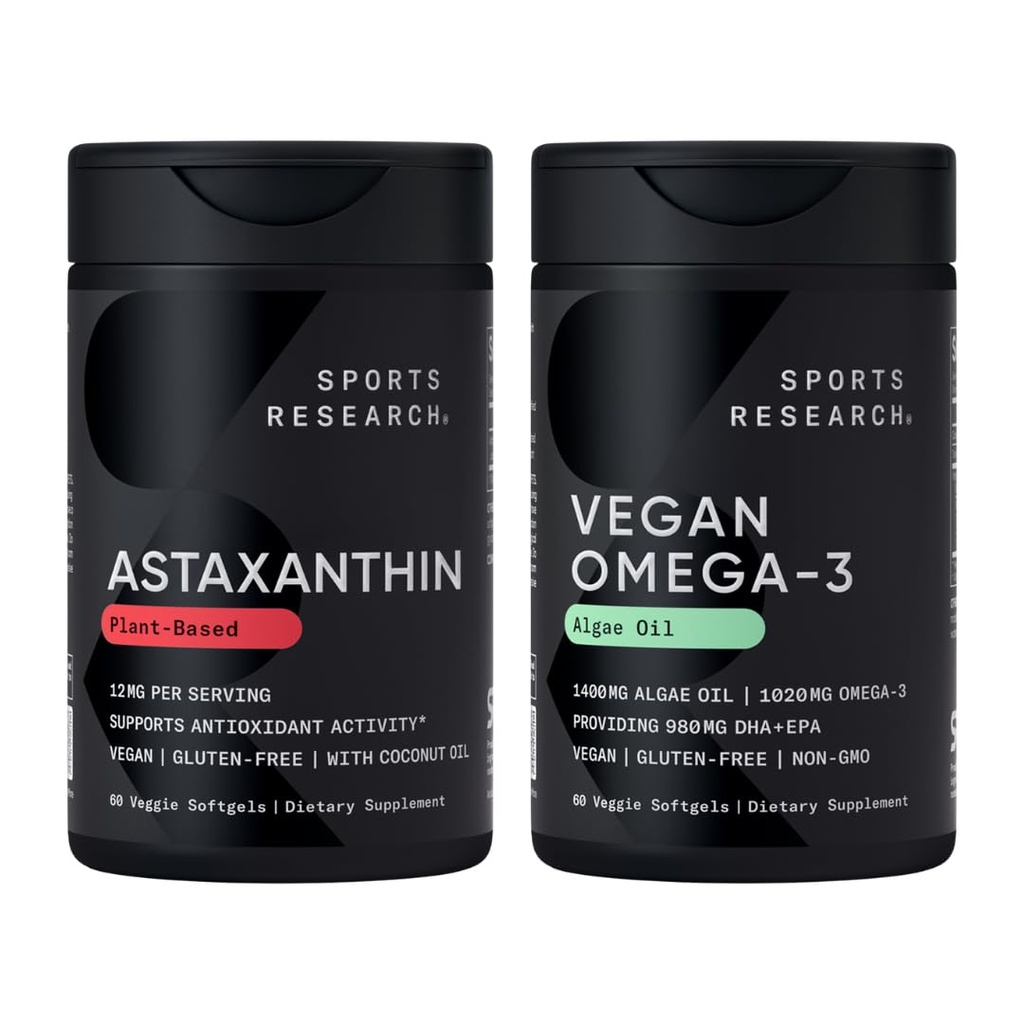 Sports Research® Vegan Antioxidant Support Pack - Omega-3 Algae Oil and Plant Based Astaxanthin Softgels for Antioxidant Activity, Skin & Eye Health (60 Veggie Softgels Each)