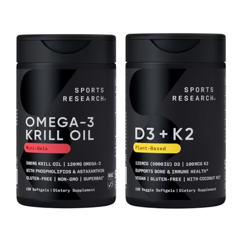 Sports Research® Multivitamin Pack - Omega-3 Krill Oil 500mg w/Choline, Phospholipids & Astaxanthin and Vitamin K2 & Vegan D3 5000iu with Coconut MCT Oil - Non-GMO · Gluten Free