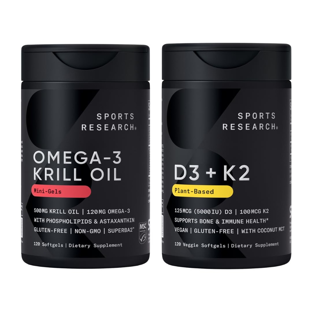 Sports Research® Multivitamin Pack - Omega-3 Krill Oil 500mg w/Choline, Phospholipids & Astaxanthin and Vitamin K2 & Vegan D3 5000iu with Coconut MCT Oil - Non-GMO · Gluten Free