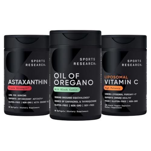Sports Research® Antioxidant Support Pack - Oil of Oregano 9500mg + Triple Strength Astaxanthin 12mg + Liposomal Vitamin C Supplement 1000 mg