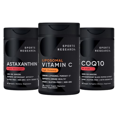 Sports Research® Antioxidant Support Pack - High Potency Liposomal Vitamin C Supplement 1000mg + Συνένζυμο Q10 100mg + Triple Strength Astaxanthin 12mg w/Organic Coconut Oil