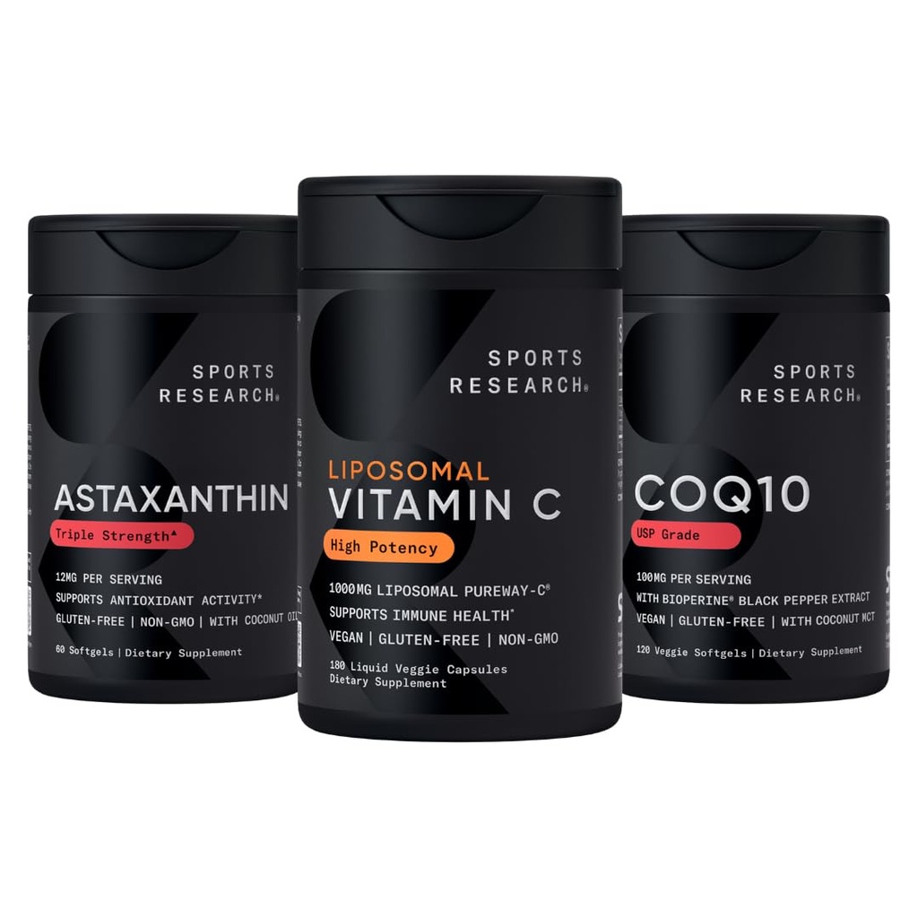 Sports Research® Antioxidant Support Pack - High Potency Liposomal Vitamin C Supplement 1000mg + Coenzyme Q10 100mg + Triple Strength Astaxanthin 12mg w/Organic Coconut Oil