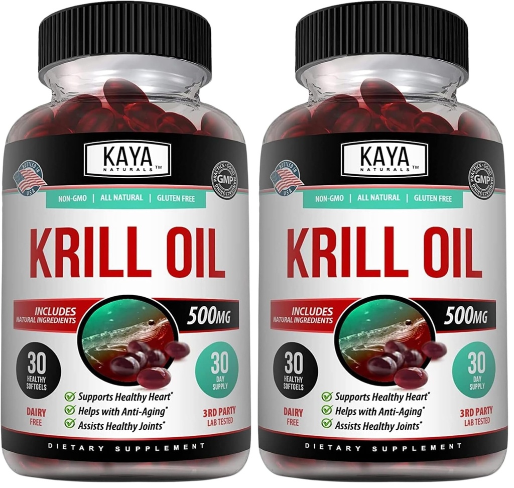 Kaya Naturals - Ανταρκτική Krill Oil 500mg με Ωμέγα 3, EPA, DHA, Φωσφολιπίδια & Ασταξανθίνη συμπλήρωμα - Εγκέφαλος & Υγεία Βιταμίνη - Αντι γήρανση συμπλήρωμα - 30 Count Softgels (πακέτο του 2)