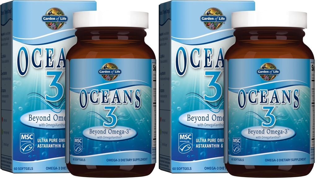 Garden of Life Oceans 3 Beyond Omega-3 with OmegaXanthin, EPA, DHA Supplements, Fish Oil with 1200 mg Omega 3, Astaxanthin & Brown Seaweed Extract - 60 Softgels, (Pack of 2)