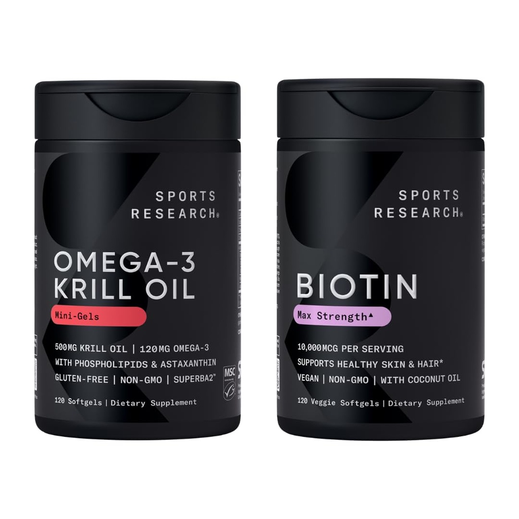 Sports Research® Glow and Flow Pack - Omega-3 Krill Oil 500mg - Pure Antarctic Superba Krill με Φωσφολιπίδια, Χολίνη & Ασταξανθίνη & Βιοτίνη 10.000mcg με Βιολογικό Λάδι Καρύδας (Vitamin B7)
