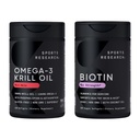 Sports Research® Glow and Flow Pack - Omega-3 Krill Oil 500mg - Pure Antarctic Superba Krill με Φωσφολιπίδια, Χολίνη & Ασταξανθίνη & Βιοτίνη 10.000mcg με Βιολογικό Λάδι Καρύδας (Vitamin B7)