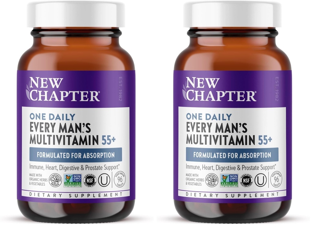 New Chapter Men’s Multivitamin 55+, Extra B6 & B12, D3, Astaxanthin, Vitamin C & Zinc, Immune, Heart, Cellular Energy, and Brain Health, Gentle on The Stomach,1 Daily, Non-GMO, 96 Tablets (Pack of 2)