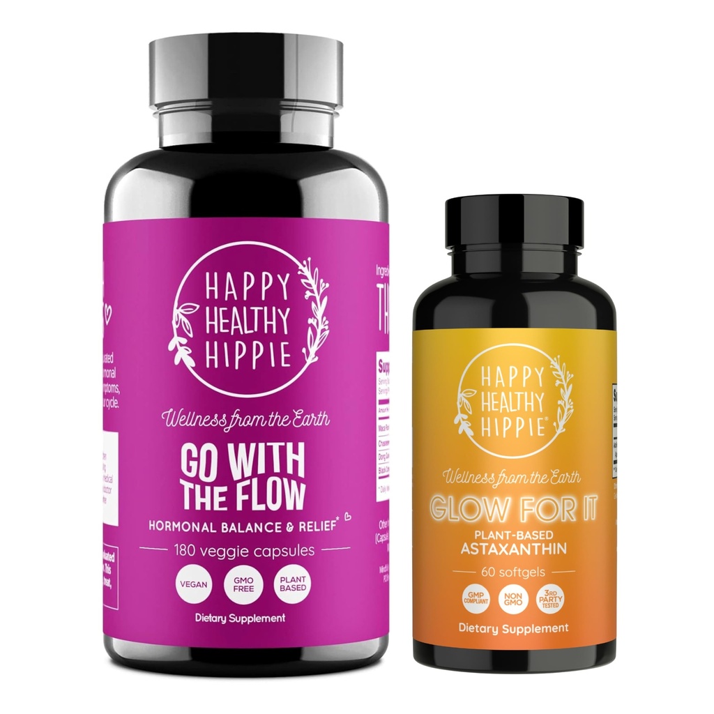 Happy Healthy Hippie Glow for It Aspaxanthin Supplement & Go with The Flow Hormone Balance for Women 180ct