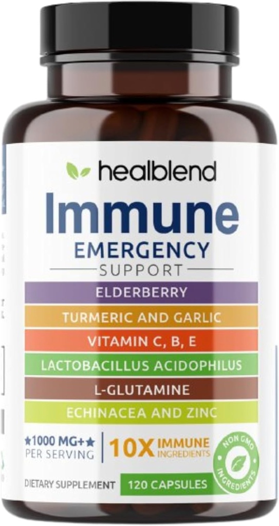 healblend 10 in 1 Immune Support Supplement Booster with Elderberry, Zinc, Echinacea, Turmeric, Lactobacillus Acidophilus, for Adults [120 Capsules]