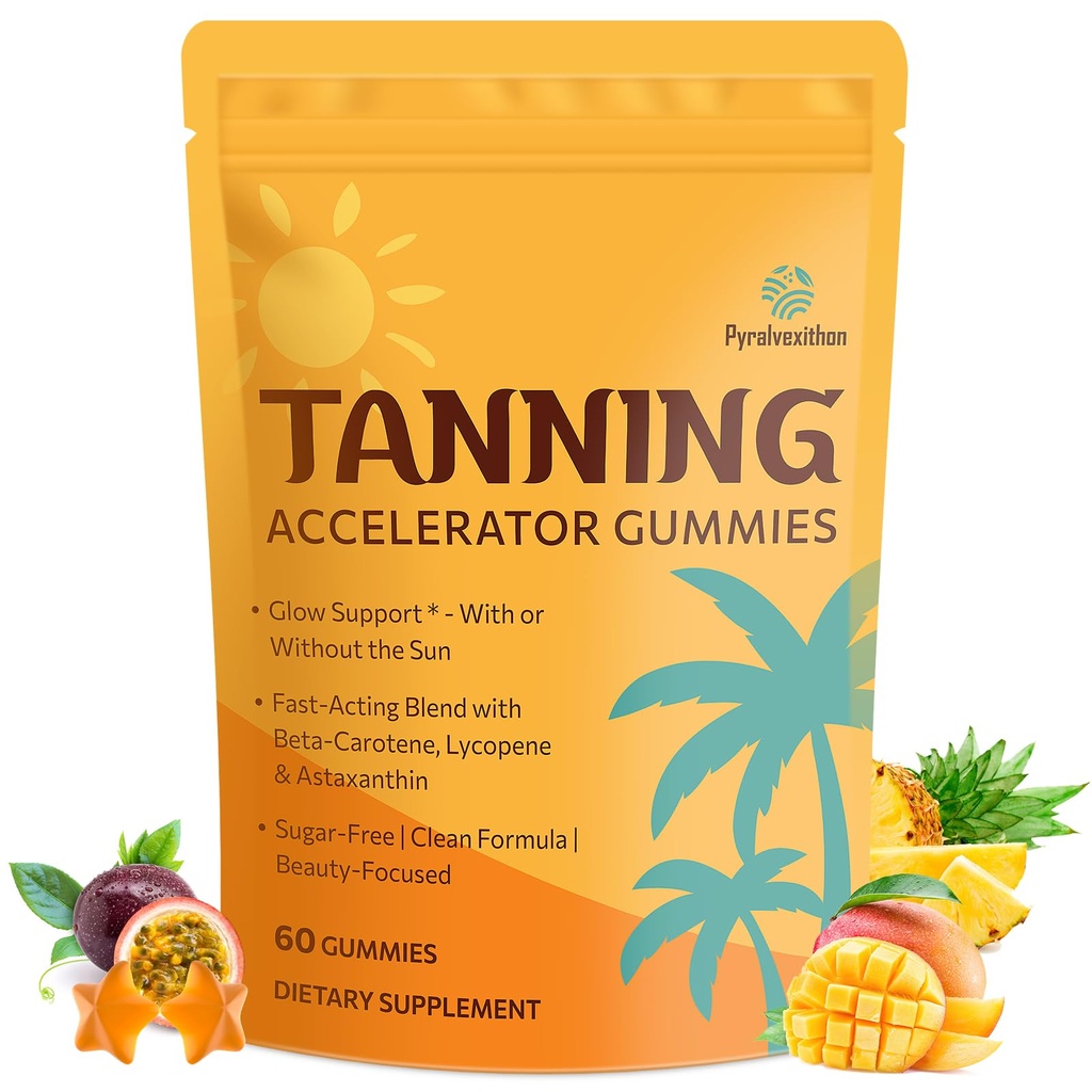Tanning Gummies with Astaxanthin for Women and Men | Sunless Tanning Supplement with Beta Carotene, Lycopene, Collagen & Vitamins | Skin Radiance & Hydration | Vegan & Sugar Free - 60 Count