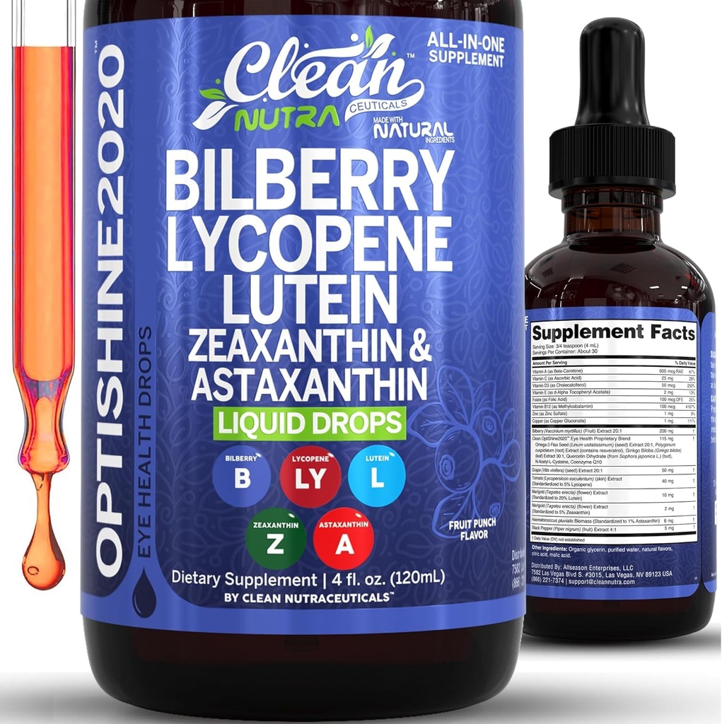 Clean Nutra Lutein and Zeaxanthin Eye Vitamins Supplement Lycopene Astaxanthin Bilberry Liquid Drops | Organic Astaxanthin Daily Lutein for Eyes Health Support Vitamin Minerals Extract | 60 Servings