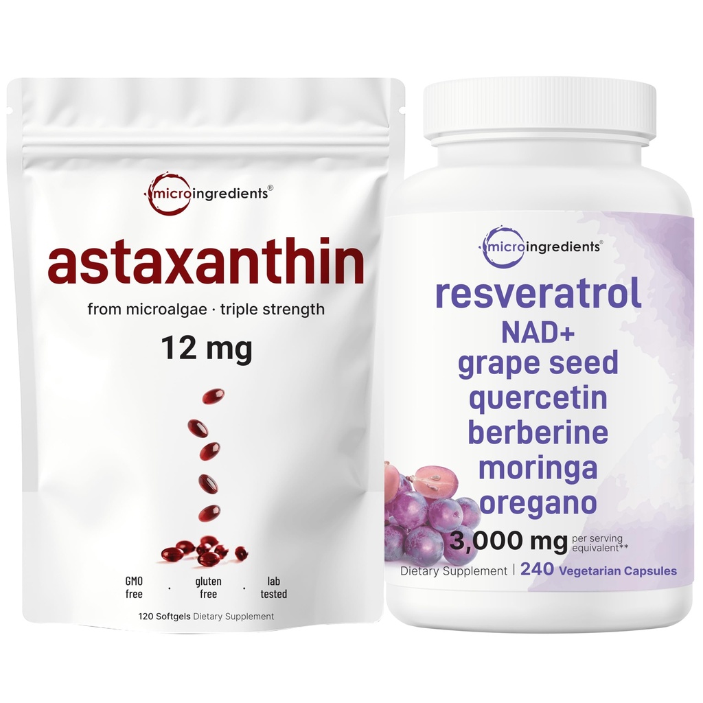 Micro Ingredients Astaxanthin 12mg Softgels & Resveratrol NAD Supplements 3,000mg Veggie Capsules | 2 Pack Bundle | Fresh Microalgae Source | 11-in-1 Antioxidant Blend with Quercetin & Berberine
