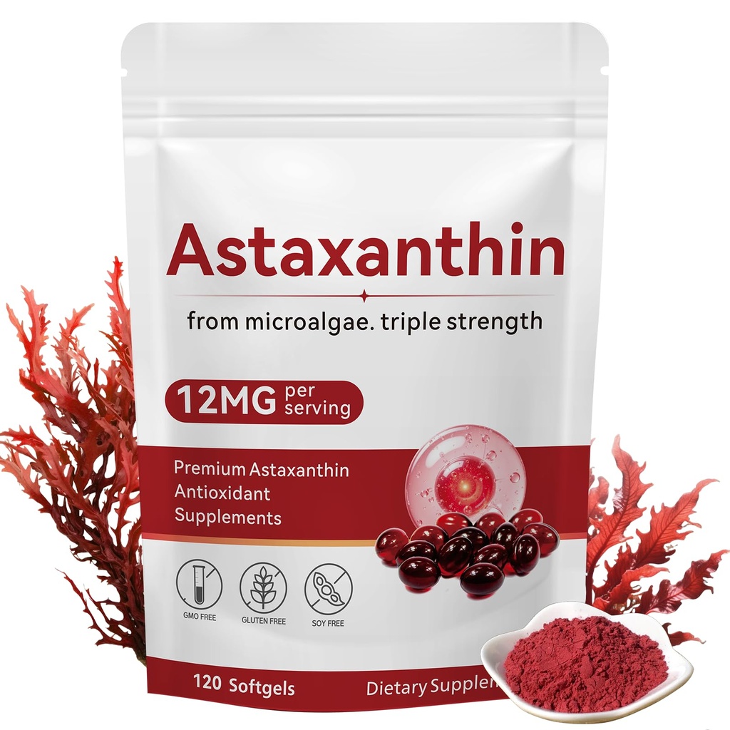 Ασταξανθίνη 12mg, 120 Softgels, Premium Ασταξανθίνη Αντιοξειδωτικό Συμπλήρωμα Υποστηρίζει τα μάτια, την υγεία του δέρματος, το ανοσοποιητικό, την εσωτερική κυκλοφορία