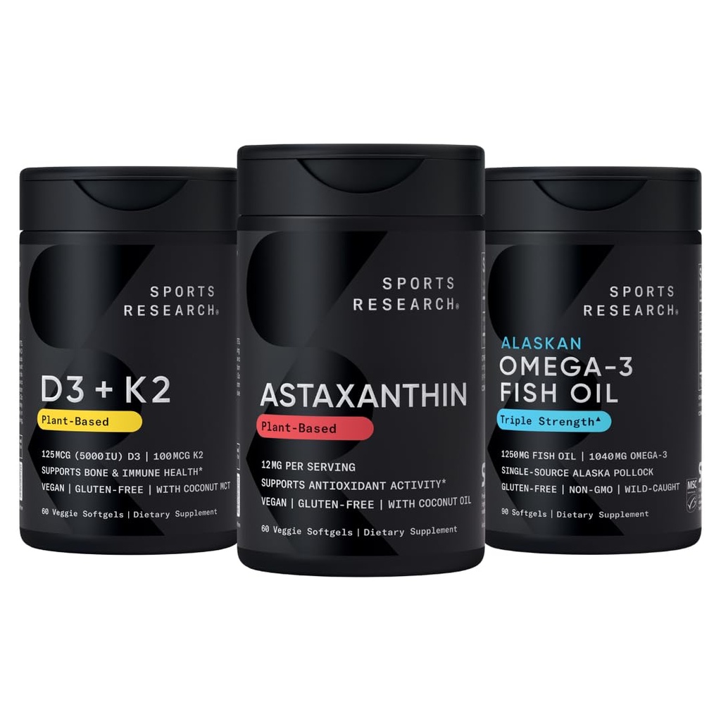 Sports Research® Antioxidant Support Pack w/Triple Strength Vegan Aspaxanthin Supplement from Algae, Omega-3 Fish Oil 1250mg, and Vitamin D3 5000iu & Mk7 Vitamin K2 with Coconut MCT Λάδι