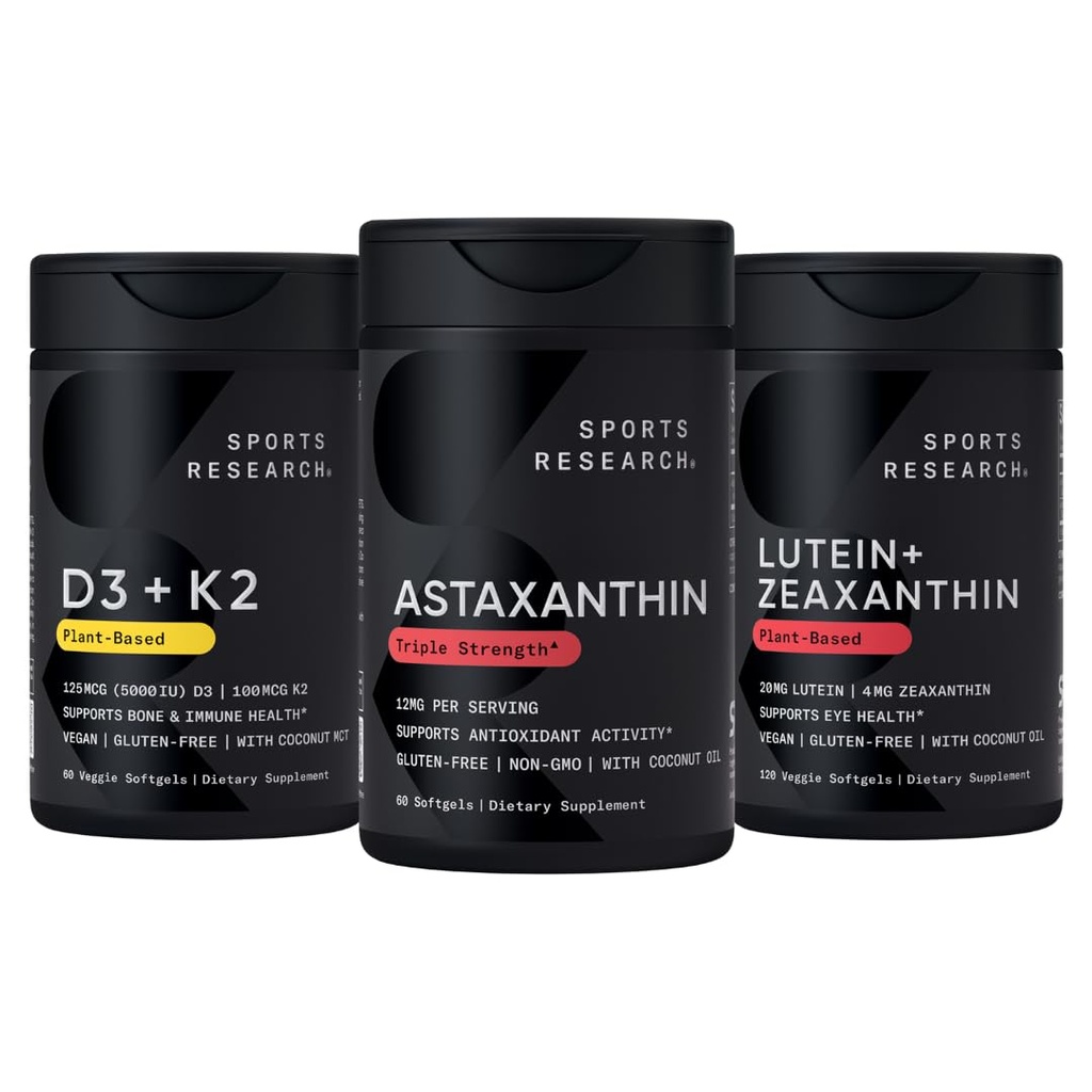 Sports Research® Antioxidant Support Pack w/Astaxanthin 12mg, Vitamin D3 5000iu + K2 100mcg, και Lutein 20mg + Zeaxanthin 4mg Συμπληρώματα - Vegan Certified · Non-GMO · Gluten & Soy Free
