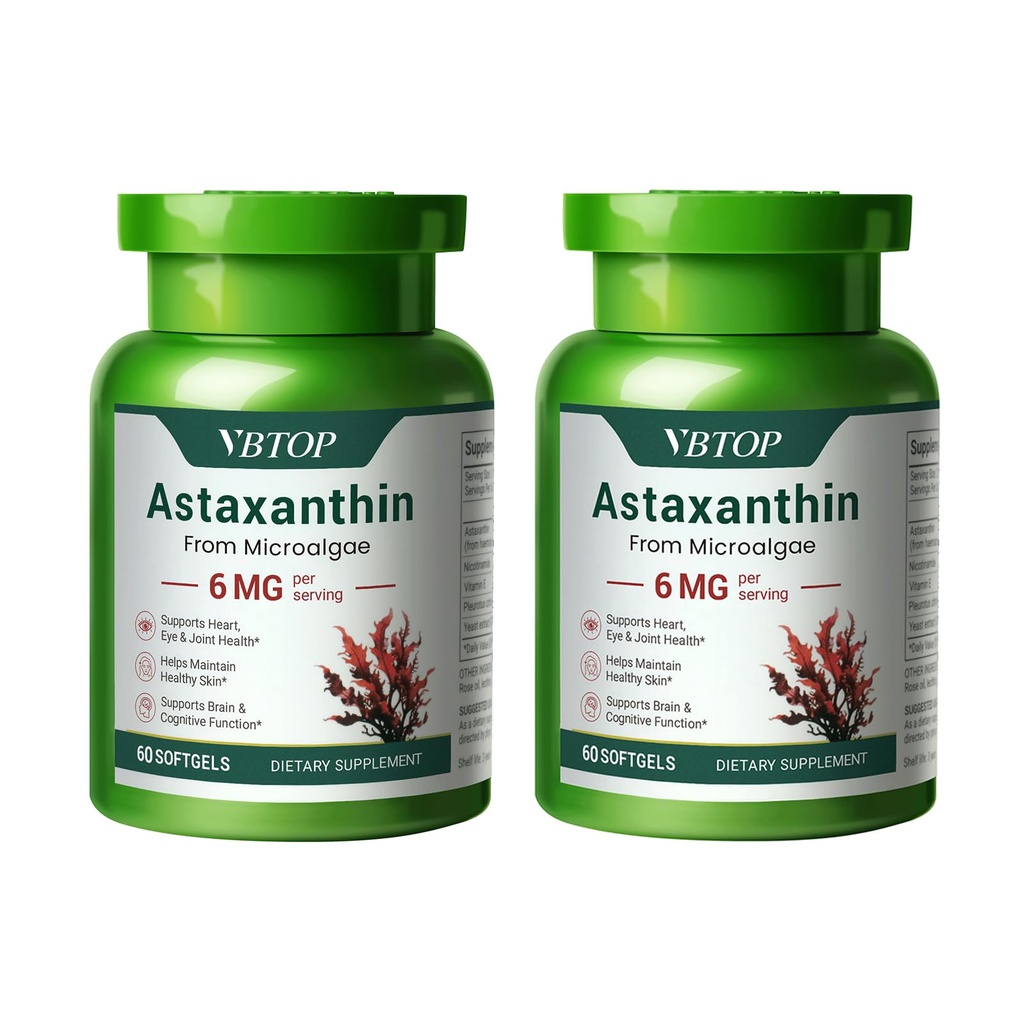 2 Bottles Astaxanthin 6 mg, Premium Astaxanthin Supplement with Antioxidant Activity, Supports Eye, Skin, Joint, and Immune System Health. Fresh Microalgae Source, Non-GMO, gluten-free - 120 softgels