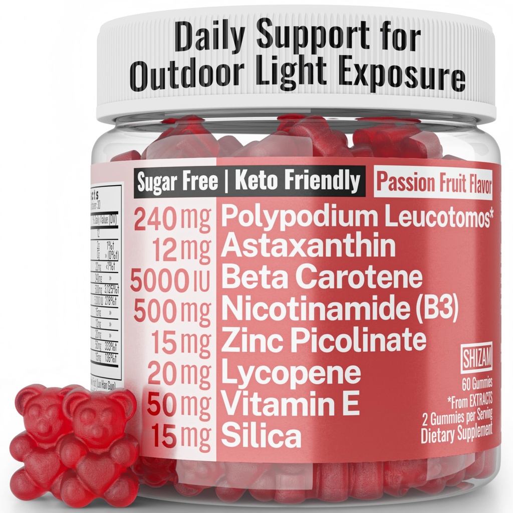 SHIZAM Astaxanthin Polypodium Leucotomos Zinc Picolinate Lycopene Vitamin E B3 Nicotinamide Silica Gummies