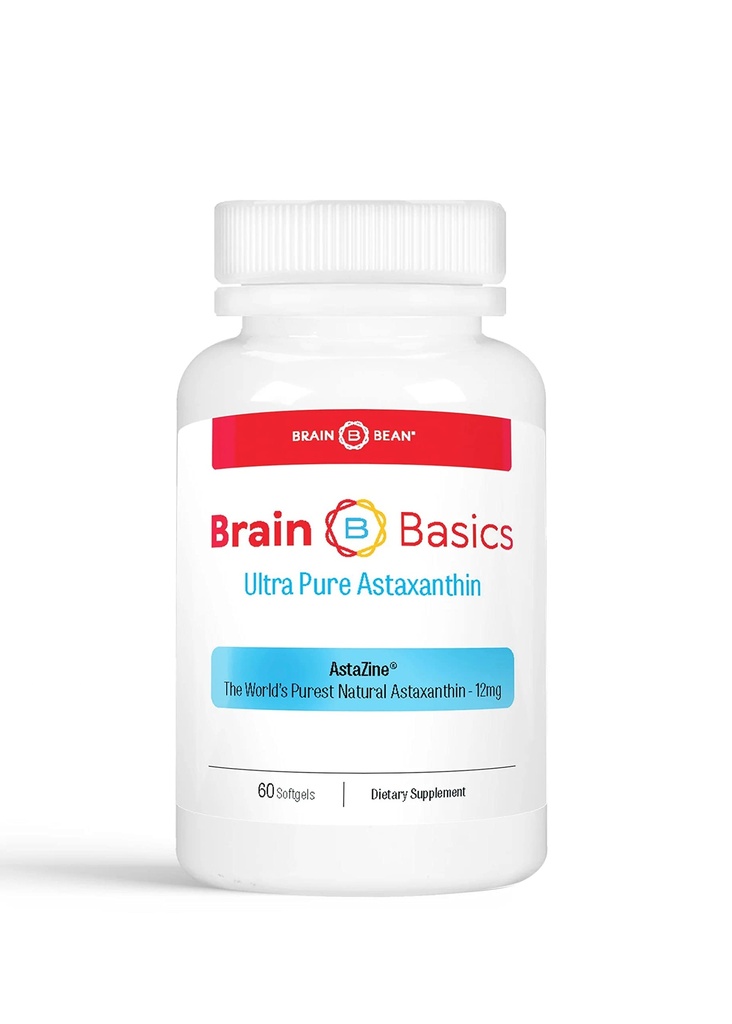 Brain Basics Ultra Pure Astaxanthin - 12mg AstaZine with 6mg Vitamin E. Non-GMO, Gluten Free Astaxanthin Supplements for Memory, Focus and Clarity - 60 Softgels