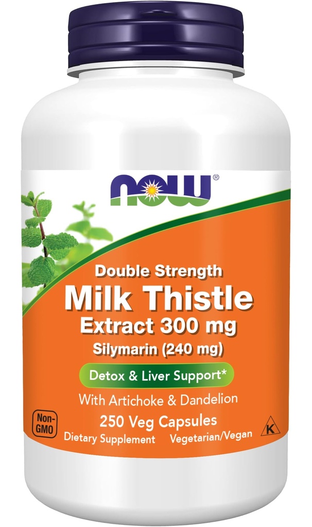 NOW Συμπληρώματα τροφίμων, Silymarin Milk Thistle Extract 300 mg με Artichoke και Dandelion, διπλή δύναμη, υποστηρίζει τη λειτουργία του ήπατος *, 250 κάψουλες Veg (1)