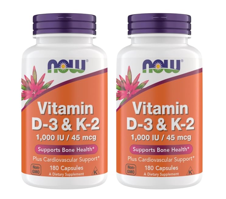Now Supplements Vitamin D3 K2, 1,000 IU/45 mcg, Cardiovascular Support, Supports Bone Health, 180 Vegetarian Capsules - Vegan, Gluten Free, Kosher Vitamin D3 and K2 Supplements (2)