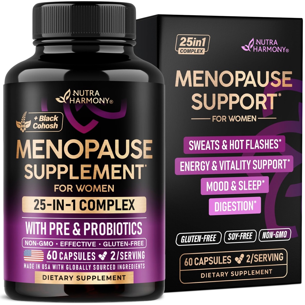 Menopause Supplements for Women - Dong Quai, Black Cohosh, Pre & Probiotics - Sweats & Hot Flashes Relief - Digestion, Sleep & Mood Support - 25-in-1 Perimenopause Complex - Lab Tested - 60 Capsules