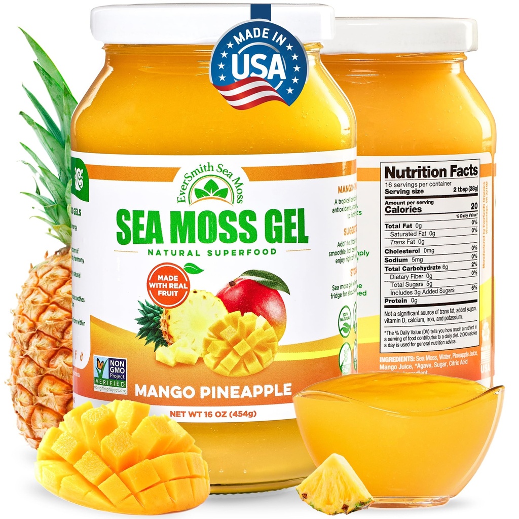 EverSmith Organics - Wildcrafted Irish Sea Moss Gel | Made in USA | Rich in Vitamins & Minerals | Sea Moss Gel Raw | Nutritional Supplement | Mango Pineapple (1 Jar)