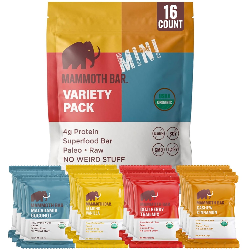 Mammoth Bar Mini - Variety Pack των Mini Organic Protein Bar μας – Φτιαγμένο με Premium Καρπούς & Λευκή Πρωτεΐνη Αυγού • Βιολογικό • Παλαιό • Χωρίς Γλουτένη • Χωρίς ΓΤΟ • Ακατέργαστο - 16 Mini Bars