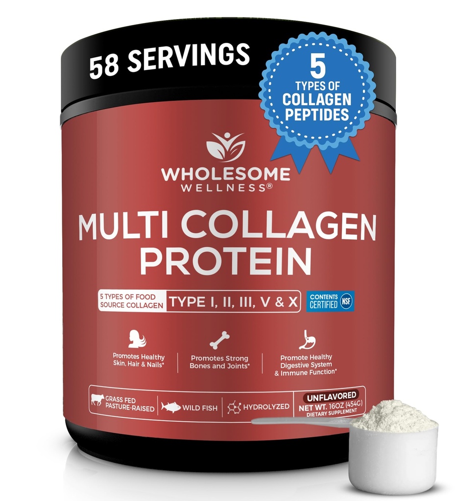 Wholesome Wellness Premium Multi Collagen Peptides Protein Powder for Women and Men, 5 Types of Hydrolyzed Collagen, Grass-Fed, Non-GMO & Unflavored, Pure Protein for Youthful Skin & Joint Recovery