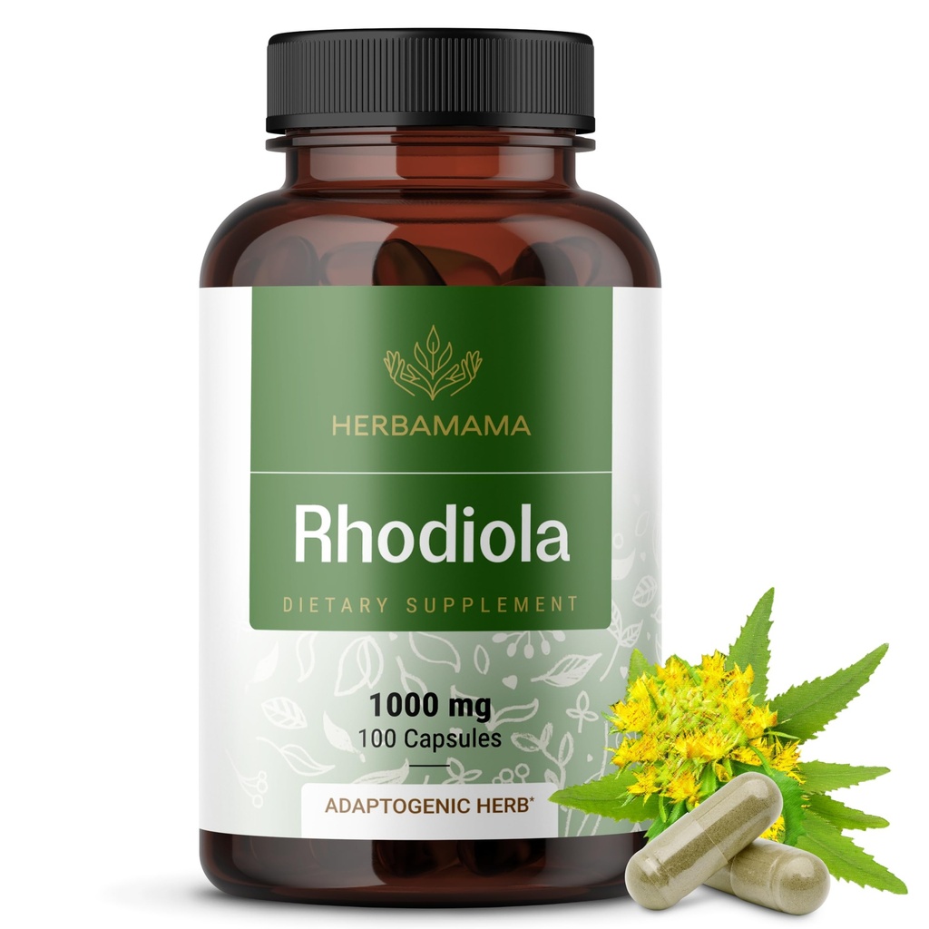 HERBAMAMA Rhodiola Rosea Κάψουλες – Φυσικά Συμπληρώματα Εμμηνόπαυσης* για γυναίκες – 1000mg Rhodiola Rosea Root Powder per Serving for Women's Relaxation Support – Vegan, Non-GMO – 50-Day Supply