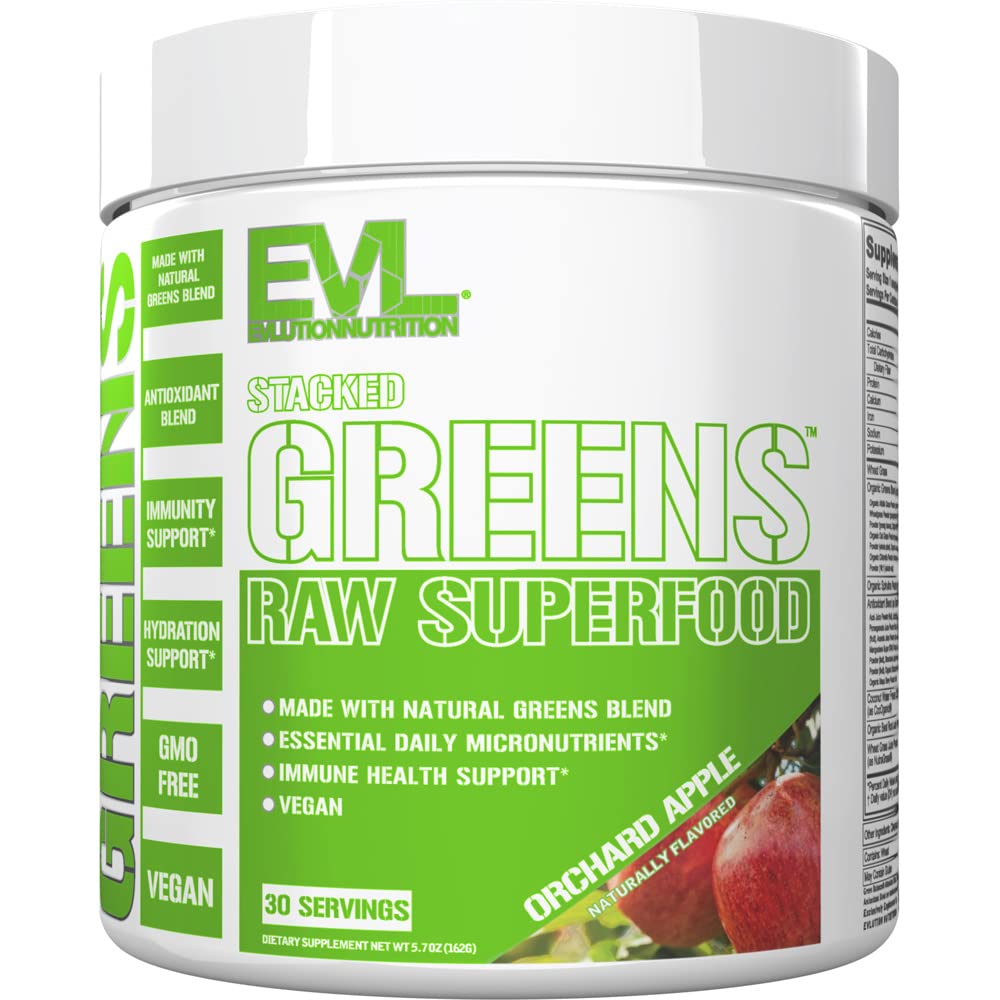 Διατροφή Evlution Stacked Greens - Ακατέργαστα Superfood - Φτιαγμένα με φυσικό πράσινο Blend + Απαραίτητα ημερήσια μικροθρεπτικά συστατικά - Ανοσία + Υποστήριξη Ενυδάτωσης - Vegan & GMO-Free - 30 Υπηρεσίες - Orchard Apple