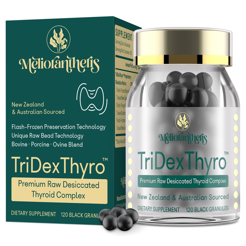 Συμπλήρωμα Θυρεοειδούς – TriDexThyroTM Ακατέργαστο Αποξηραμένο Θυρεοειδές Σύμπλεγμα 375 mg με Βοοειδή, Χοίροι και Ωοειδή –120 Κάψουλες για Γυναίκες και Άνδρες(1 Συσκευασία)