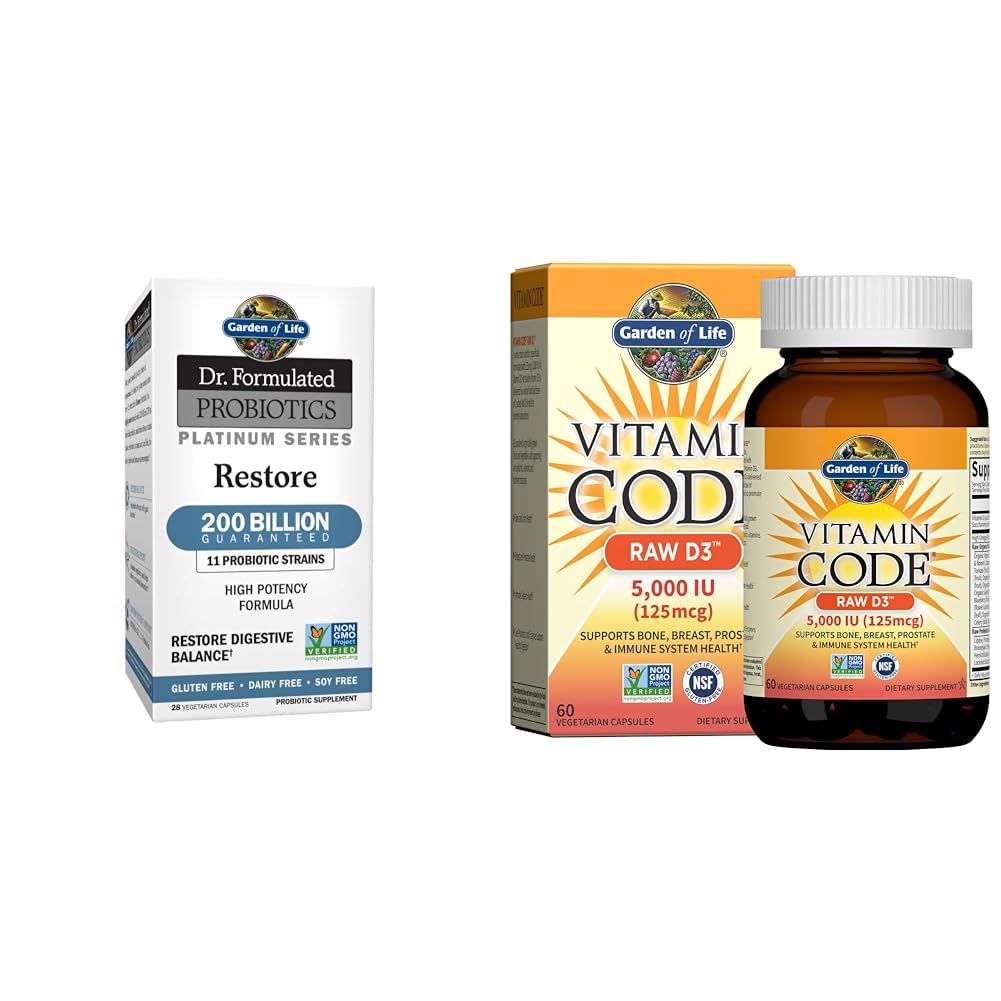 Garden of Life Dr. Formulated Probiotics Platinum Series Restore 200 Billion & Vitamin D, Vitamin Code Raw D3, Vitamin D 5,000 IU, Raw Whole Food Vitamin D