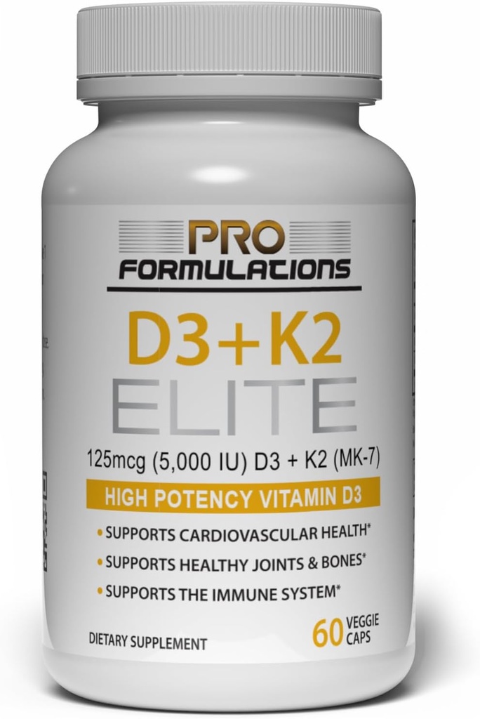 Pro Formulations MD D3 + K2 Elite – Vitamin D3 + Vitamin K2 – 60 Day Supply – High-Potency, Bioavailable MK-7