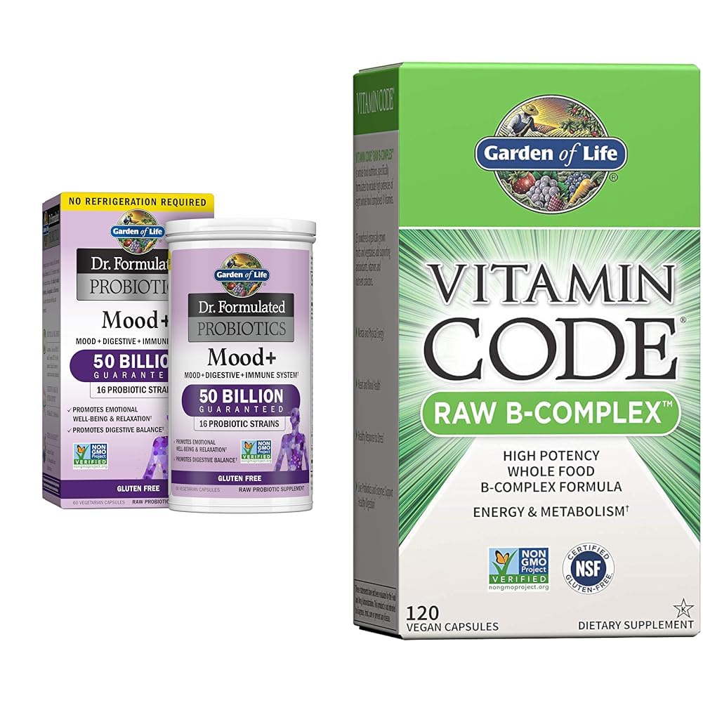 Garden of Life Dr. Formulated Probiotics Mood+ Acidophilus Probiotic Supplement & Vitamin B Complex - Vitamin Code Raw B Complex - 120 Vegan Capsules