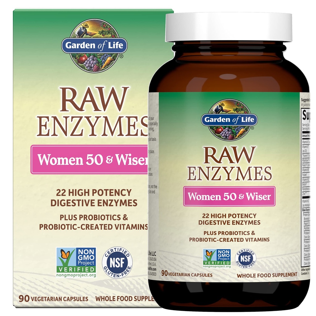 Garden of Life 22 Digestive Enzymes for Women 50 & Over with Bromelain, Papain & Lactase plus Probiotics & Vitamins B12, Biotin & Zinc – RAW Enzymes – Μη Γλουτένη, Χωρίς, Χορτοφαγικά, 90 κάψουλες