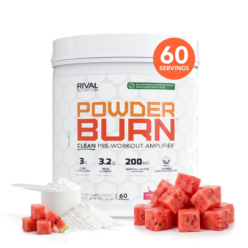 RIVAL NUTRITION Powder Burn Pre-Workout Energy Powder for Men and Women I Cartermelon Candy, 60 Servings 