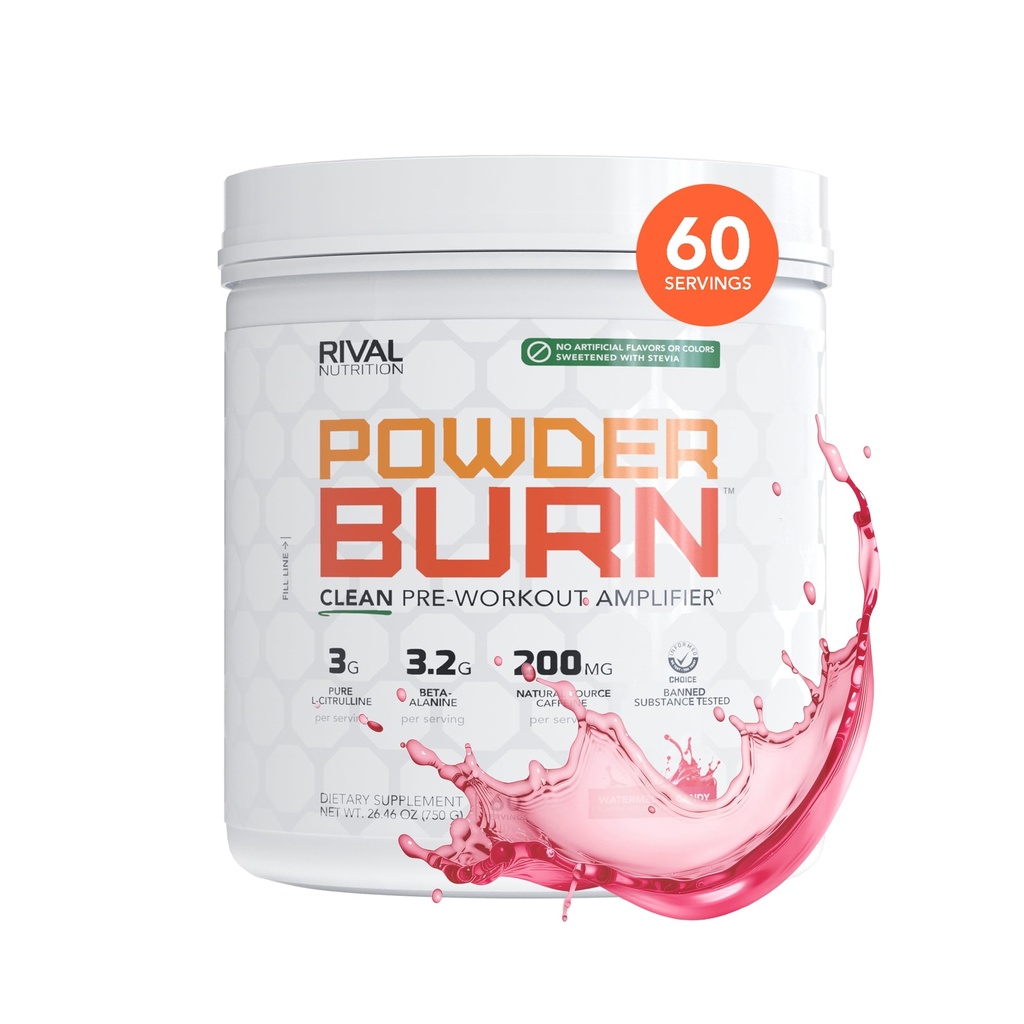 RIVAL NUTRITION Powder Burn Pre-Workout Energy Powder for Men and Women I Watermelon Candy, 60 Servings | Clean Ingredients I 3g L-Citrulline, 3.2g Beta-Alanine and 200mg Natural Caffeine Per Serving