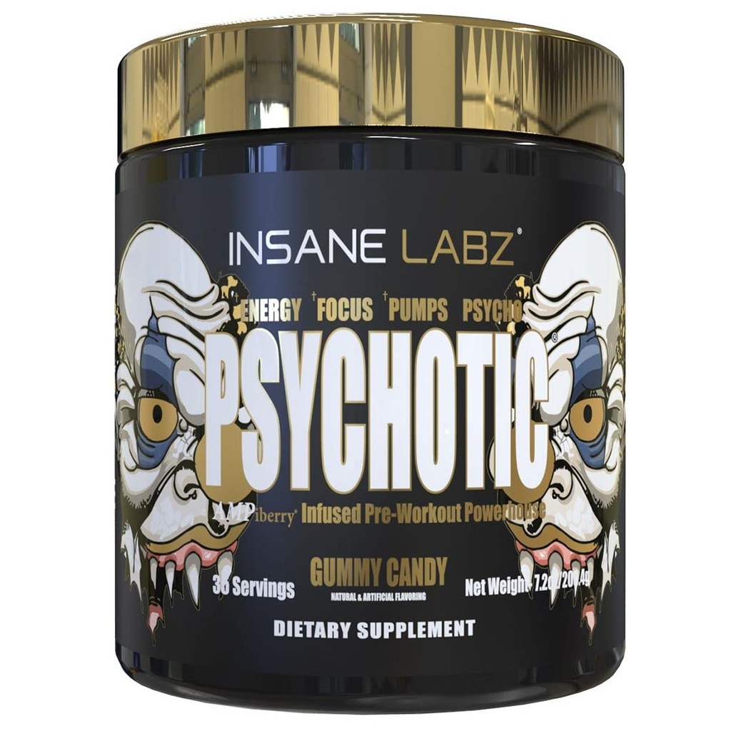 Insane Labz Psychotic Gold, Υψηλής διεγερτικής πριν από την προπόνηση σκόνη, Extreme Lasting Energy Focus, Αντλίες και αντοχή με Beta Alanine, DMAE Bitartrate, NO Booster (35 εξυπηρετούν, Gummy Candy)