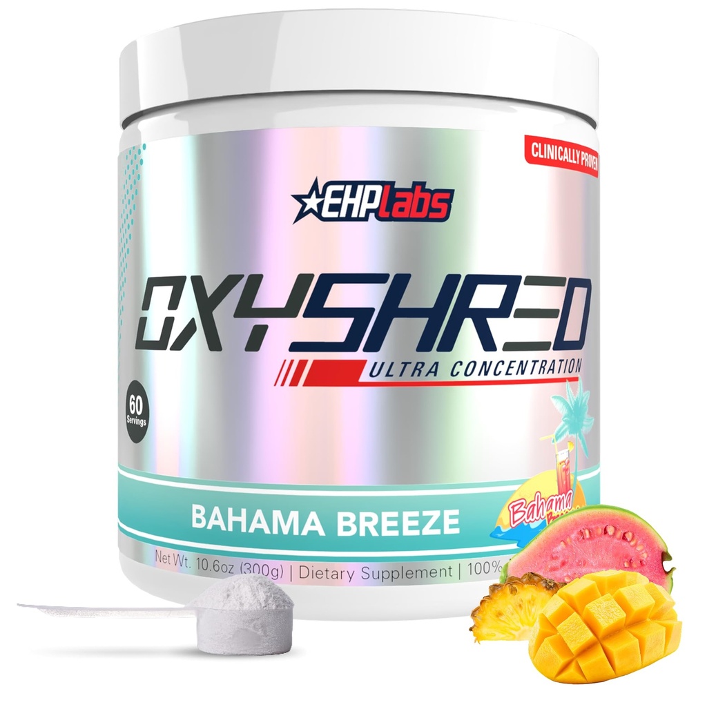 EHP Labs OxyShred Pre Workout Powder - Preworkout Powder with L Glutamine & Acetyl L Carnitine, Energy Boost Drink - Bahama Breeze/Beach, 60 υπηρεσίες