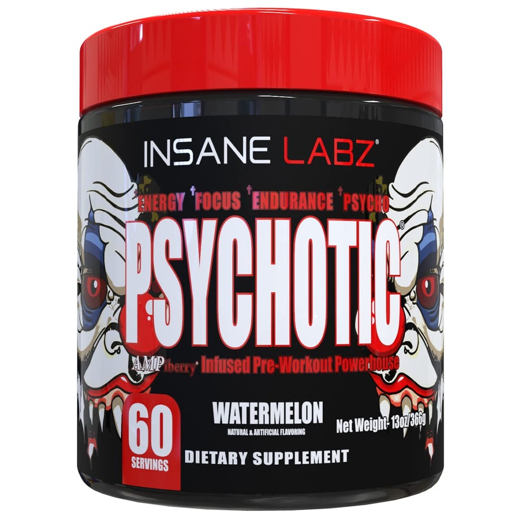 Insane Labz Ψυχωτική, υψηλής διεγερτικής πριν από την προπόνηση σκόνη, ακραία διαρκή ενέργεια, εστίαση και αντοχή με Beta Alanine, Creatine Monohydrate, DMAE, 60 Srvgs, Καρπούζι