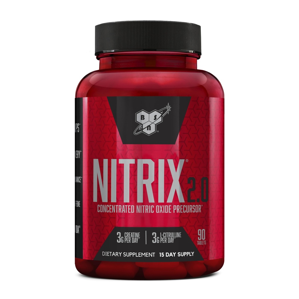 BSN NITRIX 2.0, συμπλήρωμα προπόνησης, Nitric Oxide Precursors, 3g Creatine, 3g L Citrulline, L-Citrulline, Υποστηρίζει την απόδοση προπόνησης, αντλίες, αποκατάσταση μυών και αντοχή, 90 δισκία, 30 εξυπηρετήσεις