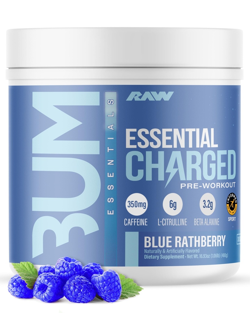 RAW pre-Workout powder, Essential CHARGED (Blue Rathberry) - Preworkout Supplement for Men & Women - Υποστηρίζει Focus, Mood, & Performance - Καφεΐνη, Alpha-GPC, L-Citrulline, Beta Alanine (25 εξυπηρετεί)