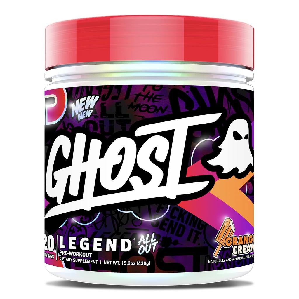 GHOST Legend All Out Powder, Πορτοκαλί Κρέμα - 20 Σερβιέτες - Προ-Εκπόνηση συμπλήρωμα για άνδρες & γυναίκες - Ενέργεια & Αντλίες - Καφεΐνη, Κιτρουλίνη, Βήτα Αλανίνη, Βεταΐνη, NO3-T Ζάχαρη Δωρεάν