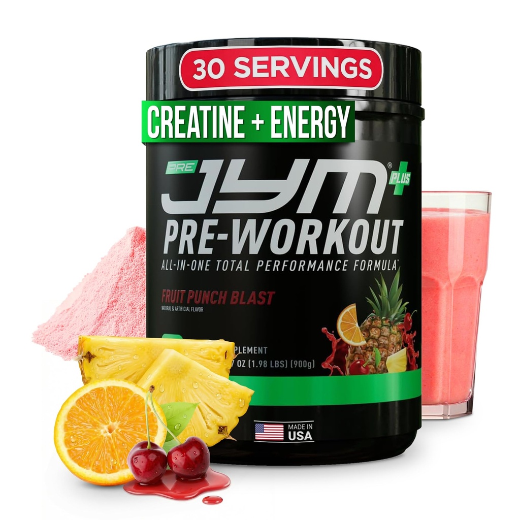 JYM Supplement Science Pre JYM Plus Fruit Punch Pre-Workout Powder, Amino Nitrates, Createine, Betaine, Nootropics, BCAA’s, για άνδρες & γυναίκες, 30 υπηρεσίες