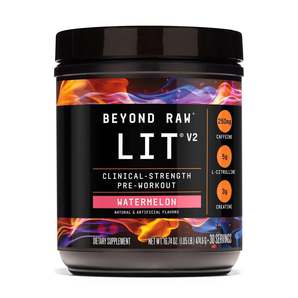 BEYOND RAW LIT V2 Clinical Strength Pre Workout Powder, Hits Harder, Bigger Pumps, Caffeine, L-Citrulline, Creatine, Watermelon, 30 εξυπηρετούν