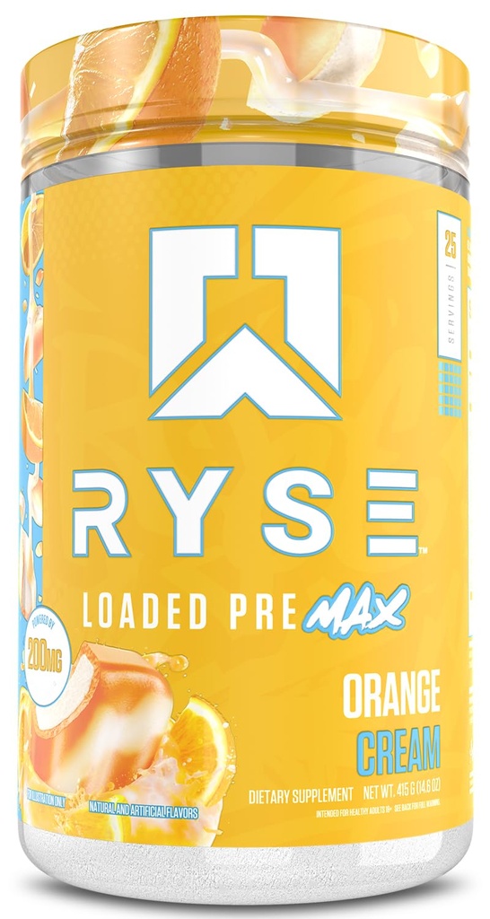 Ryse Loaded Pre Max Pre Workout Powder - Πορτοκαλί Κρέμα - 300mg Διπλής Φάσης καφεΐνη για Παρατεταμένη Ενέργεια για Άνδρες & Γυναίκες - L-Citrulline, PeptiPump & Alpha-GPC για Τροφοδοσία, Αντλίες & Εστίαση - 25 Υπηρεσίες