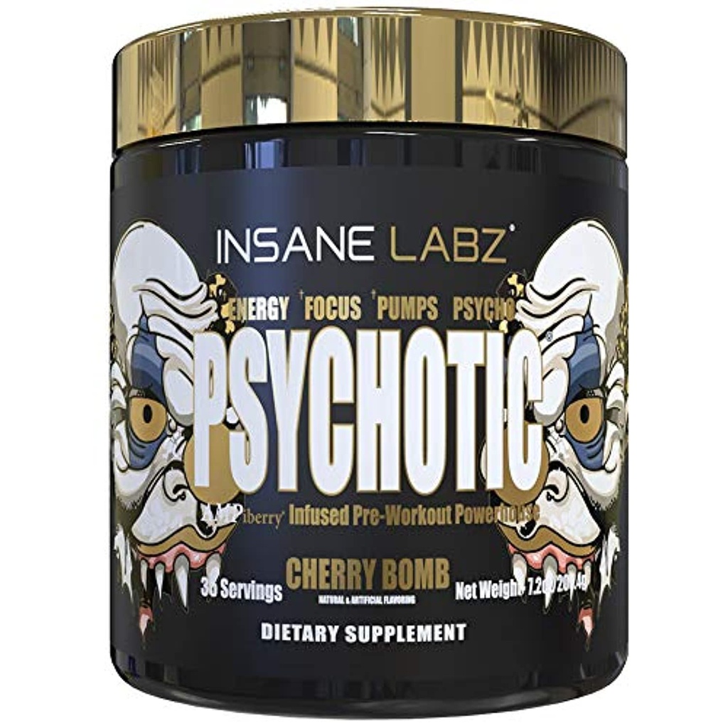 Insane Labz Psychotic Gold, High Simulant Pre Workout Powder, Extreme Lasting Energy Focus, Αντλίες και αντοχή με Beta Alanine, DMAE Bitartrate, NO Booster (35 Services, Cherry Bomb)