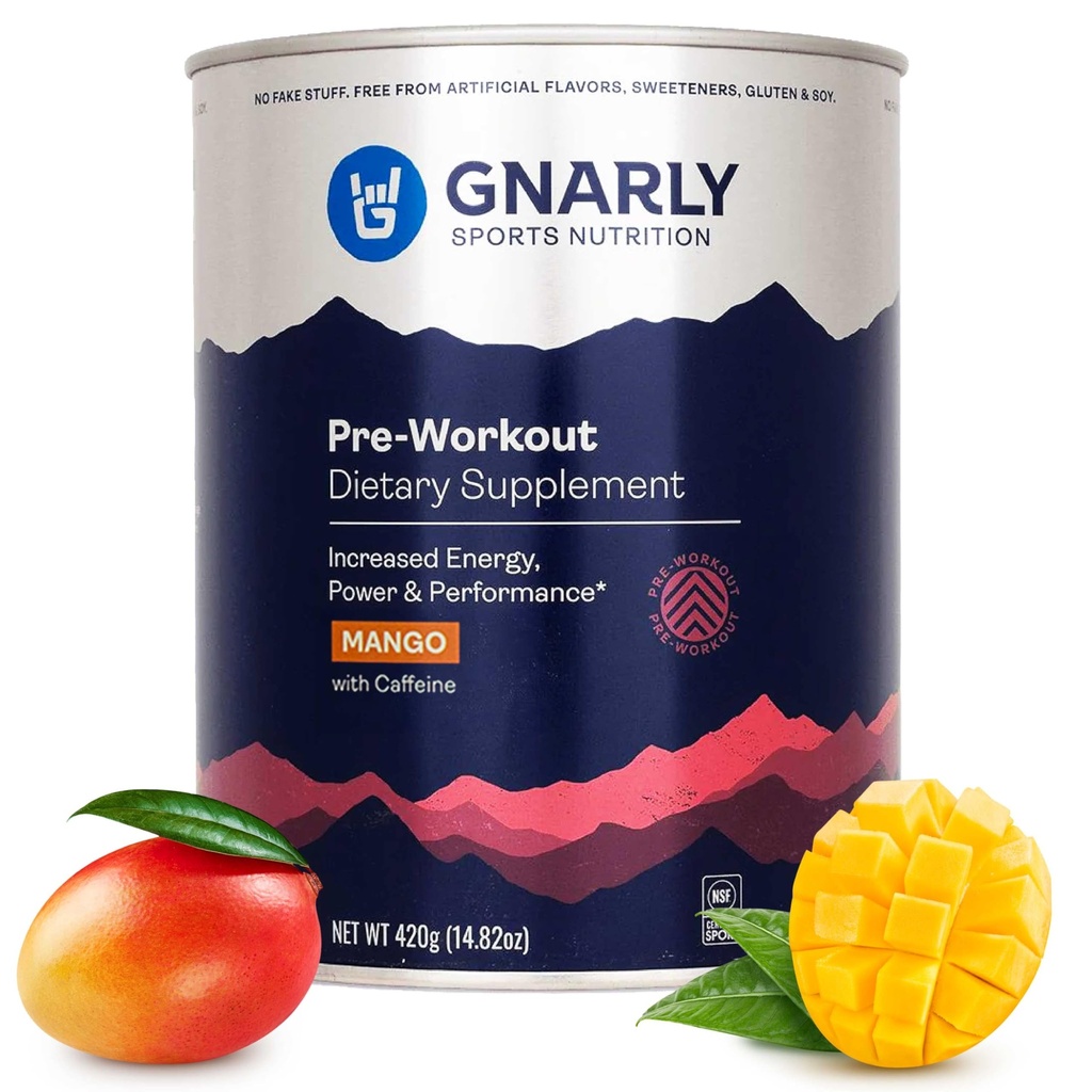 Gnarly Nutrition Natural Pre-Wortout Powder, Mango – NSF Contents Certified, Endurance & Recovery – Vegan Pre-Wortout, Sports Nutrition – Mango with Caffeine, 14.82 oz