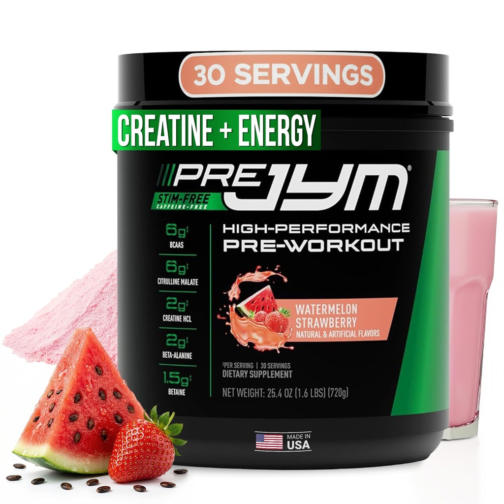 Pre JYM Stim Free Cartermelon Strawberry Pre-Workout Powder, Createine, No Caffeine, Citrulline, Betaine, BCAA's, Taurine, Alpha-GPC, Huperzine, 30 εξυπηρετήσεις
