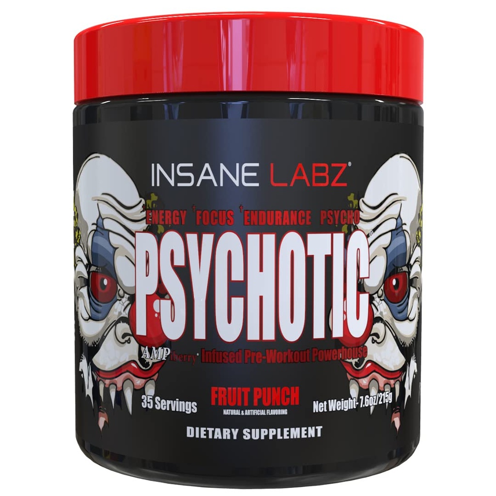 Insane Labz Psychotic, High Stimulant Pre Workout Powder, Extreme Lasting Energy, Focus and Endurance with Beta Alanine, Creatine Monohydrate DMAE, 35 Srvgs (Fruit Punch)